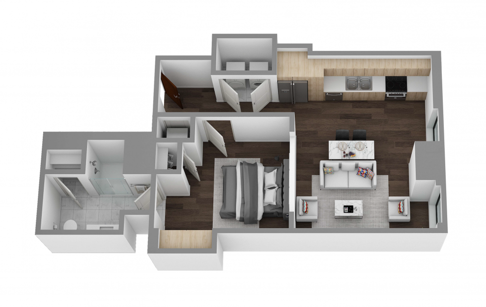 A - 1 bedroom floorplan layout with 1 bath and 647 to 771 square feet. (3D)