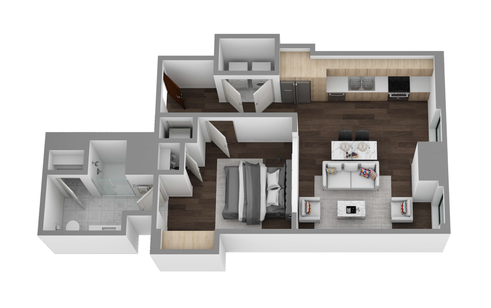 A - 1 bedroom floorplan layout with 1 bathroom and 647 - 771 square feet (3D)