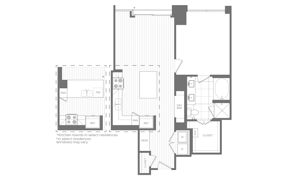 H - 1 bedroom floorplan layout with 1 bath and 770 to 801 square feet. (2D)