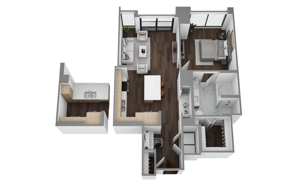 H - 1 bedroom floorplan layout with 1 bathroom and 770 - 801 square feet (3D)