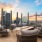 rooftop fire pit surrounded by cushioned, wicker chairs
